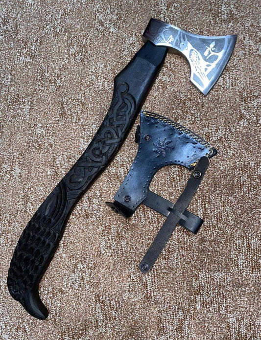 Handmade Viking-Style Axe with Raven Handle, Etched Head & Leather Sheath