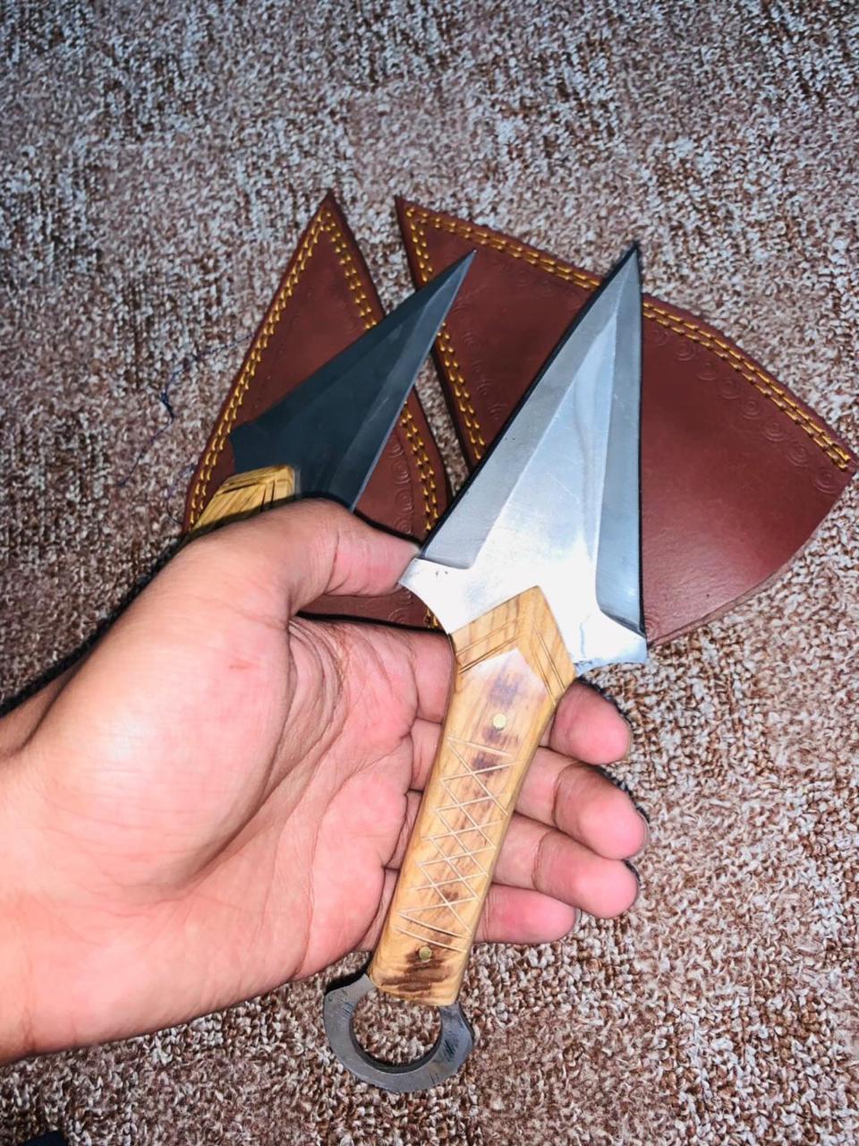 Handcrafted Twin Fixed-Blade Knives with Wooden Handle & Leather Sheath