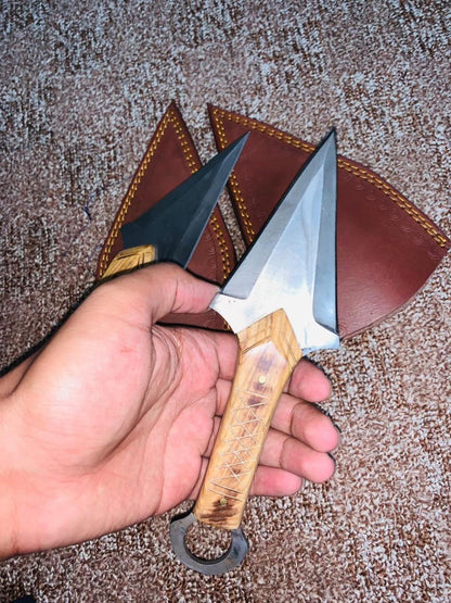Handcrafted Twin Fixed-Blade Knives with Wooden Handle & Leather Sheath